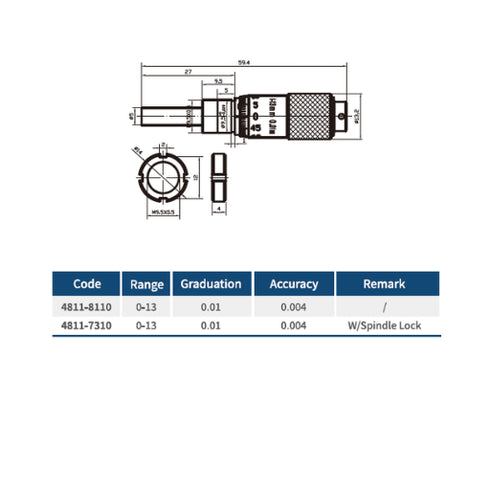 13mm Micrometer Head, DASQUA (Straight Stem / Stem with Clamp Nut)