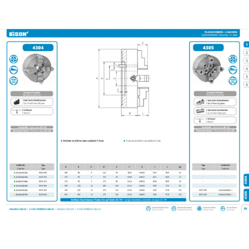 BISON B4304 / B4305 / B4306 4-Jaw Independent Steel Lathe Chuck DIN 6350 Datasheet