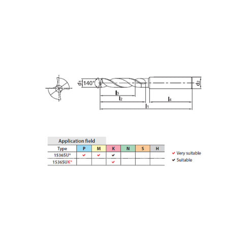 Carbide Drill 5xD Without Coolant, 1536SU05 Dimensions