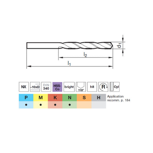 Cobalt HSSCo Drill 10xD DIN340, 71222