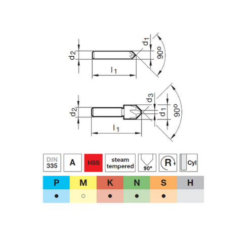 Conical End Mill HSS 3F 90° DIN335, 72345 Dimensions