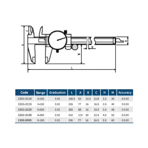 Dial Caliper Double Shock-Proof, DASQUA Made of Solid Stainless Steel dimensions