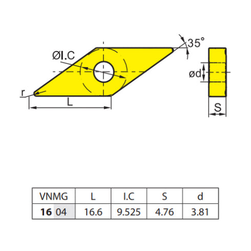Diamond Turning Insert VNMG 160404-EF, ZCC CT
Dimensions