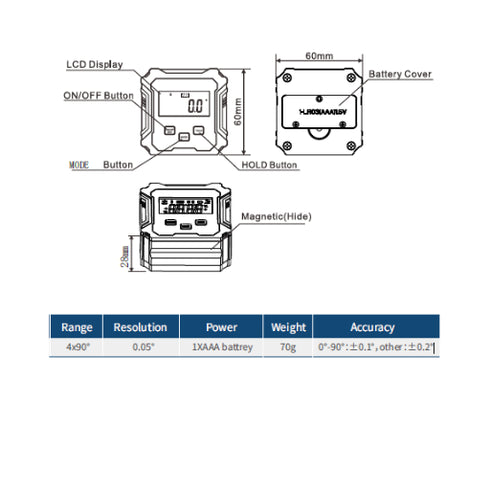 Digital Angle Gauge 4x90° with Magnetic Base, LCD & 0.2° Accuracy dimensions