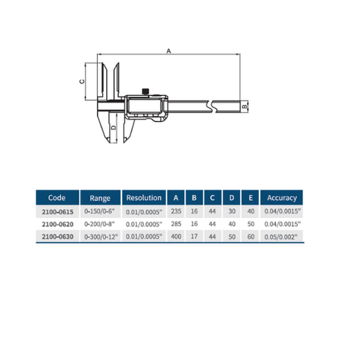 Digital Caliper with Long Upper Jaws, DASQUA Solid Stainless Steel DIN862