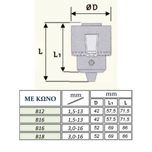 Drill Chuck with Key and Taper Dimensions