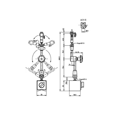 Jointed Magnetic Stand, MITUTOYO Dimensions