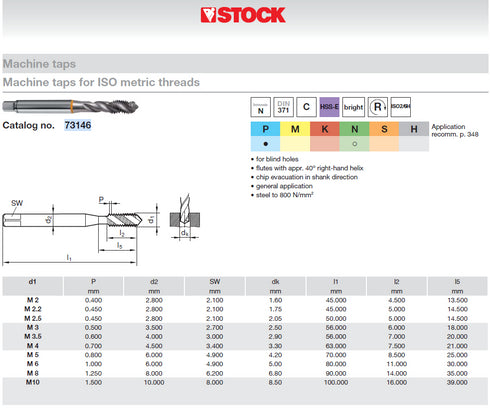Machine Tap (M2-M10) HSS-E DIN371, 73146