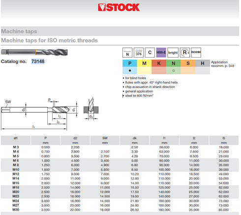 Machine Tap (M3-M30) HSS-E DIN376, 73148