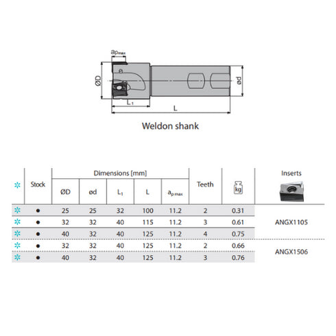 Milling Head EMP13 90° Weldon Dimensions