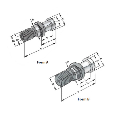 Pull Studs DIN 69872 A+B Dimensions
