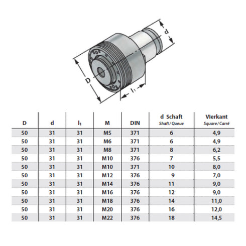 Quick Change Adaptors With Safety Clutch, Size 2 Dimensions