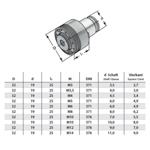 Quick Change Adaptors with Safety Clutch, Size 1 Dimensions