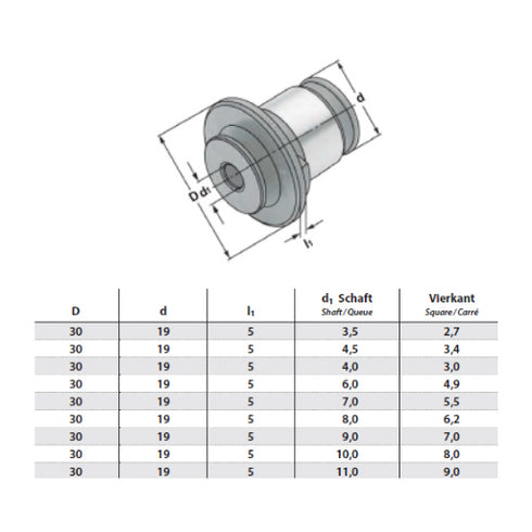 Quick Change Adaptors without Safety Clutch, Size 1 Dimensions