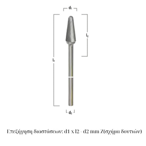 Rotary Carbide File Tapered with R Tip (Shape KEL) Dimensions