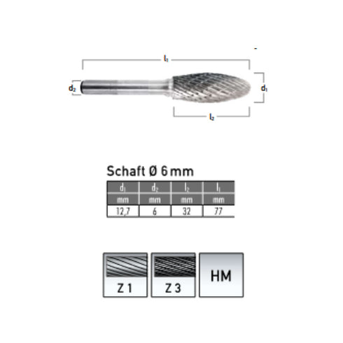 Solid Carbide Bur, Ball-Nosed Tree Shape Ø 12,7x32mm, Z3 Dimensions