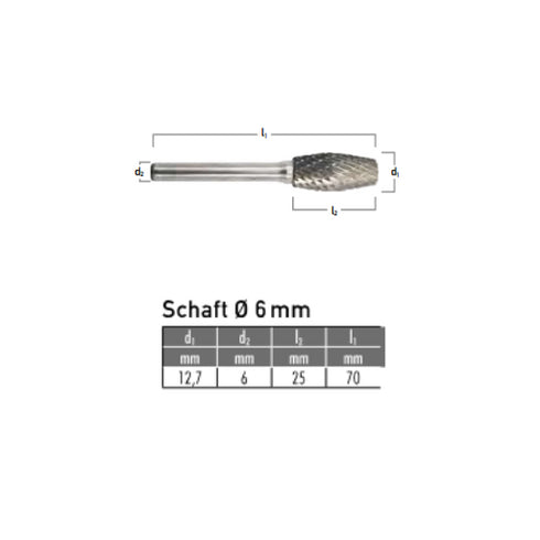 Solid Carbide Bur, Cone Shape, Ø 12.7 x 25mm, Z3 dIMENSIONS