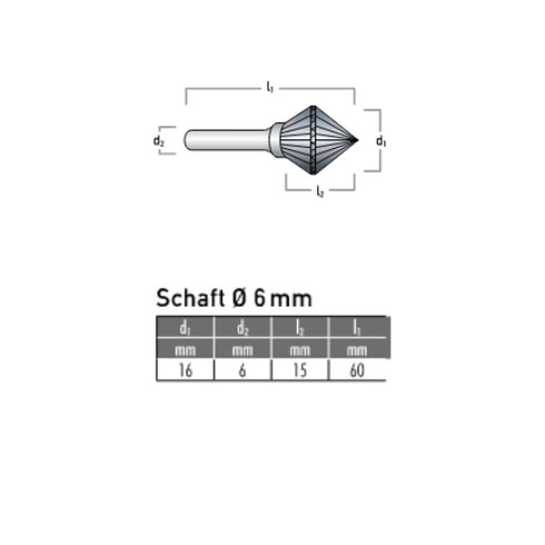 Solid Carbide Bur, Cone Shape 90°, Ø 16.0 x 15mm, Z1 Dimensions