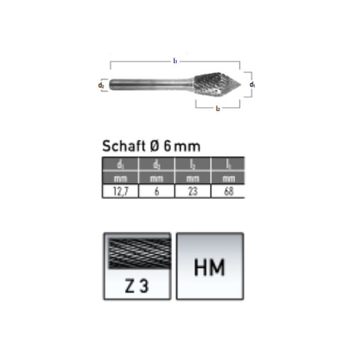 Solid Carbide Bur, Cylinder Shape, Taper 60°, Ø 12,7x23mm, Z3 dIMENSIONS