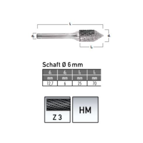 Solid Carbide Bur, Cylinder Shape, Taper 60°, Ø 12,7x25mm, Z3 dIMENSIONS