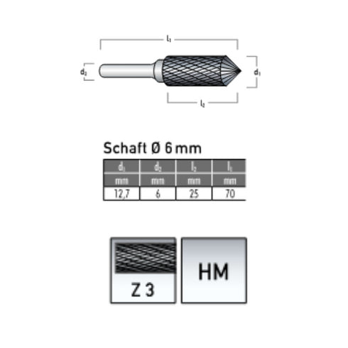 Solid Carbide Bur, Cylinder Shape, Taper 90°, Ø 12,7x25mm, Z3 dIMENSIONS