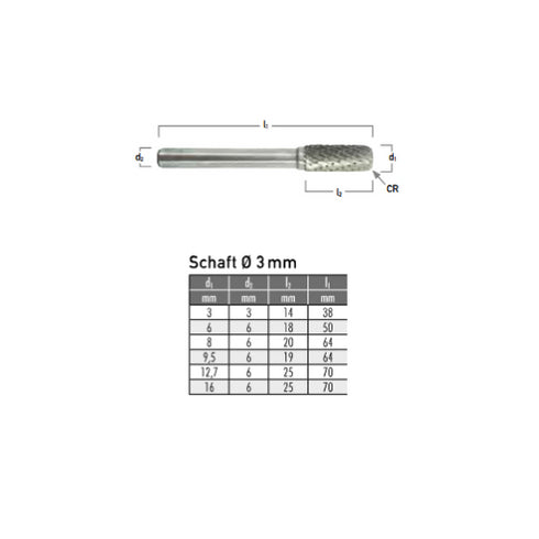 Solid Carbide Bur, Cylinder Shape dIMENSIONS