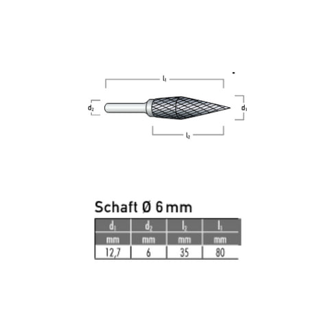 Solid Carbide Bur, Pointed Cone Shape, Ø 12.7 x 35mm, Z3V dIMENSIONS