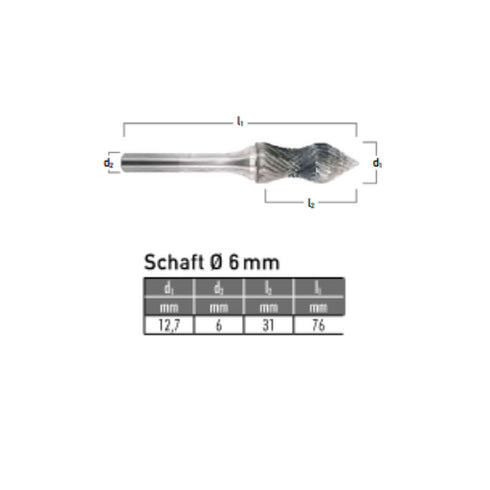Solid Carbide Bur, Radius Shape Cylinder, Taper 60° Ø 12.7x31mm, Z3 Dimensions